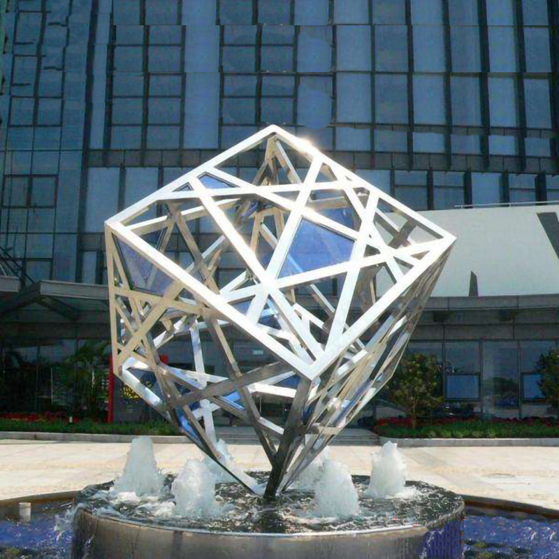 Contemporary Art Stainless Steel Cube Metal Garden Water fountain sculpture