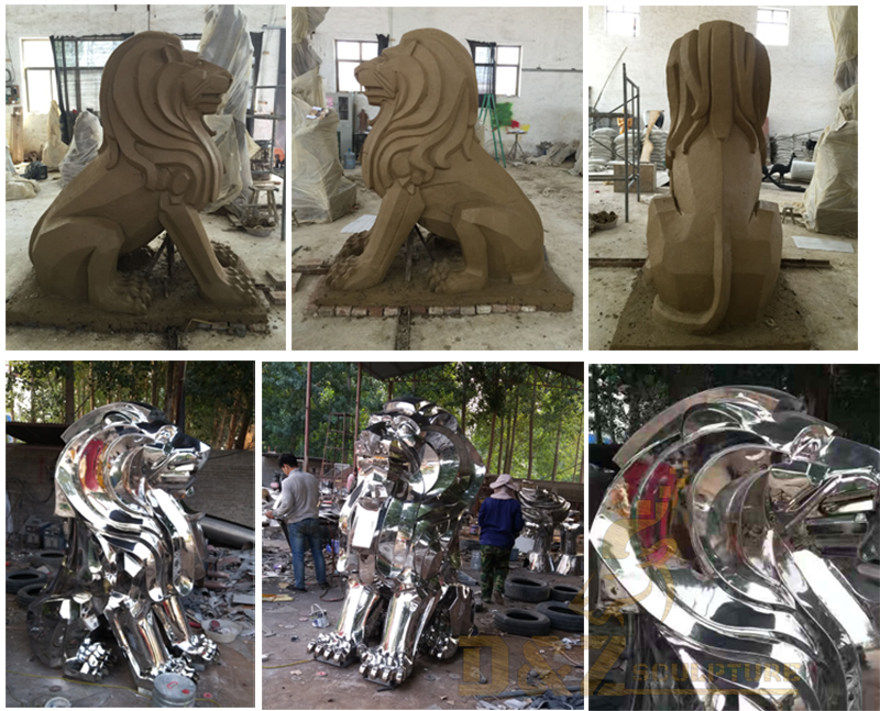 Life size stainless steel planted lion sculpture outdoor stainless steel animal sculpture