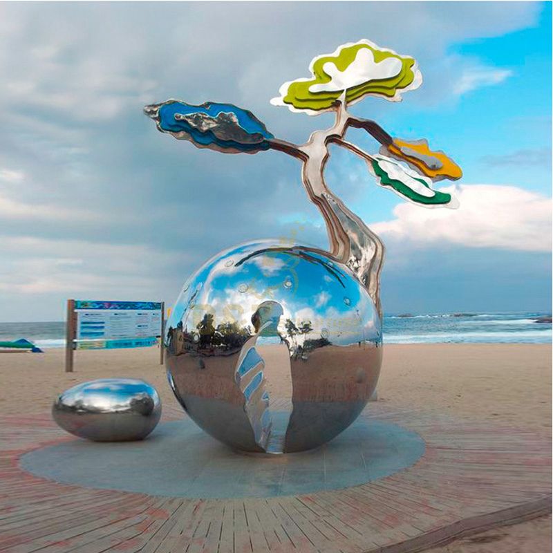 Seaside stainless steel metal ball statue tree of life sculpture