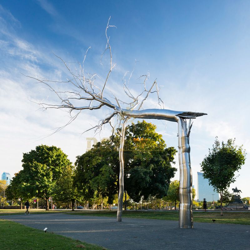 Outdoor broken stainless steel tree sculpture