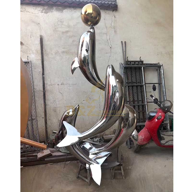 Water Feature Decor Metal Stainless Steel Dolphin Sculpture