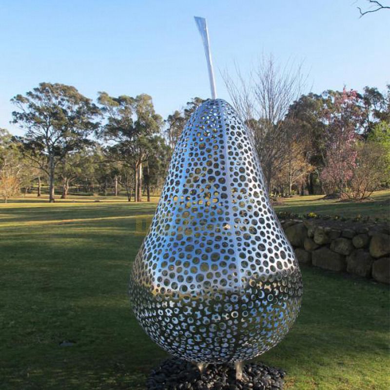 Modern Outdoor Metal Art Artificial Fruit Polished Stainless Steel Hollow Pear Sculpture