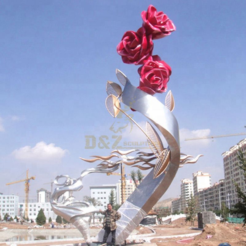 Red Rose Stainless Steel Sculpture For Outdoor Garden Decoration