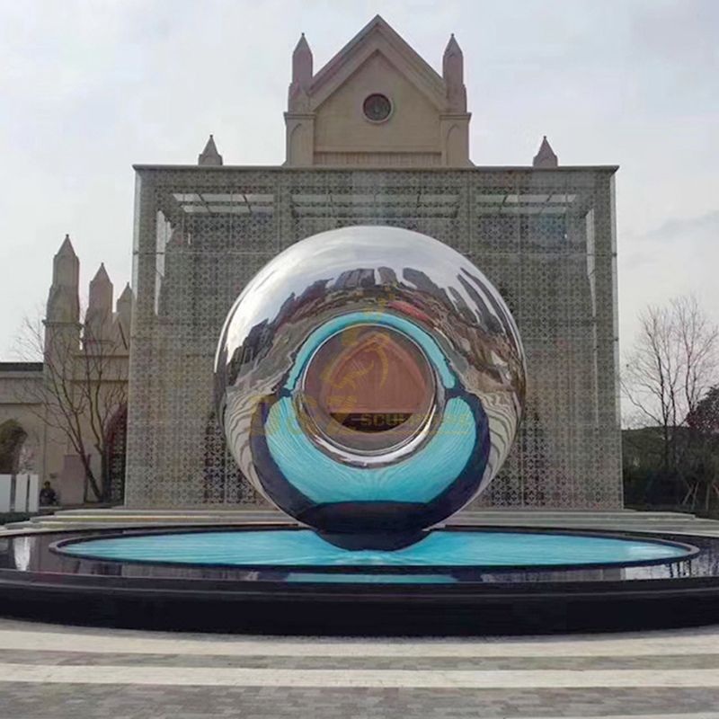 Large circular design geometric stainless steel fountain sculpture