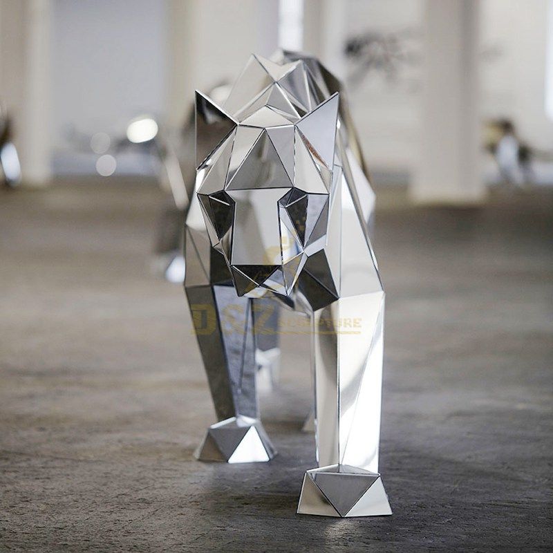 Geometric Metal Panther Sculpture Abstract Stainless Steel Leopard Statue