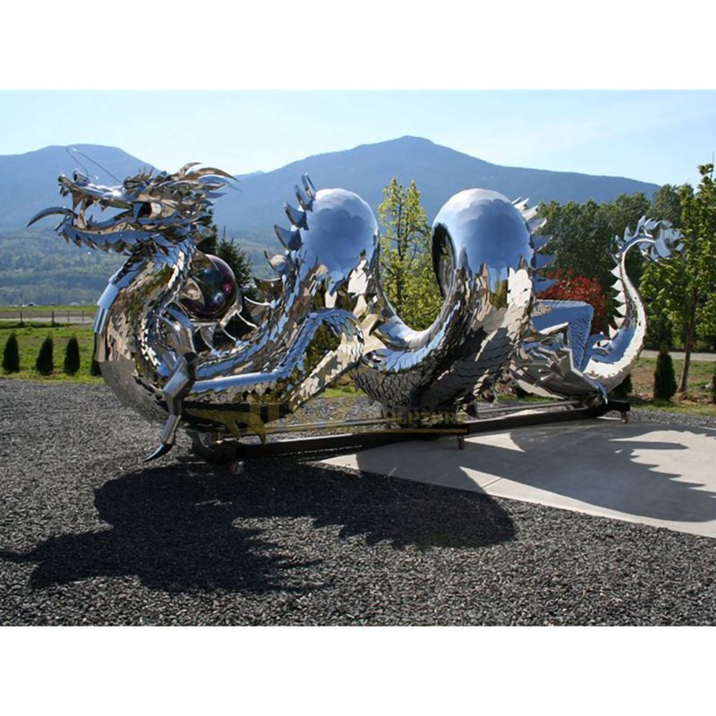 Large Garden Mirror Polished Metal Stainless Steel Dragon Sculpture