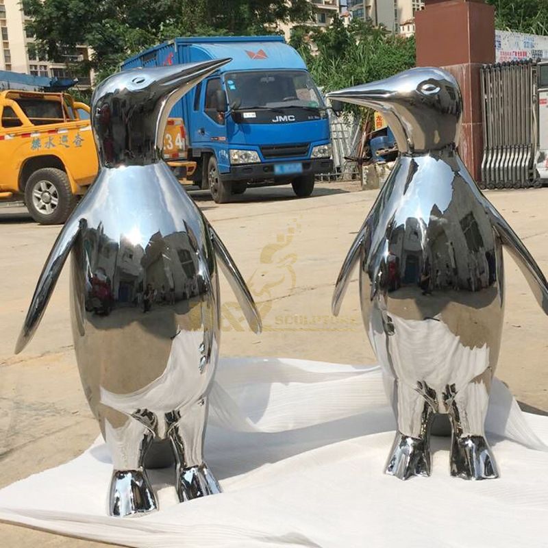 Large outdoor garden art animal stainless steel penguin sculpture