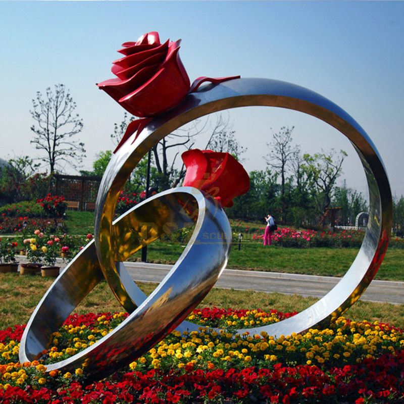 Large modern garden stainless steel flower rings sculpture