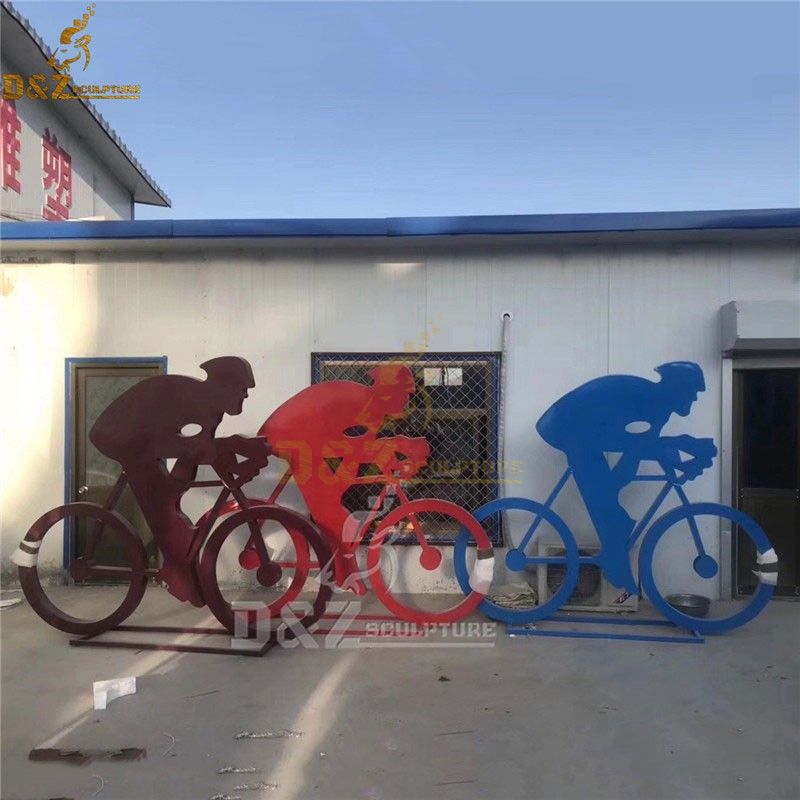 Outdoor custom bike sculpture with people for abstract stainless steel sculpture