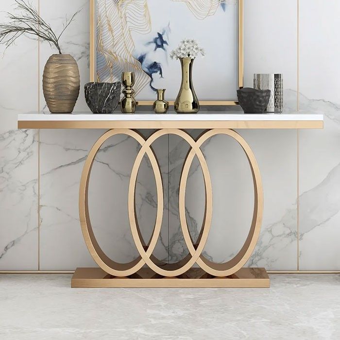 Modern Luxury Rectangular Console Table Marble Table Top Stainless Steel in Rose Gold