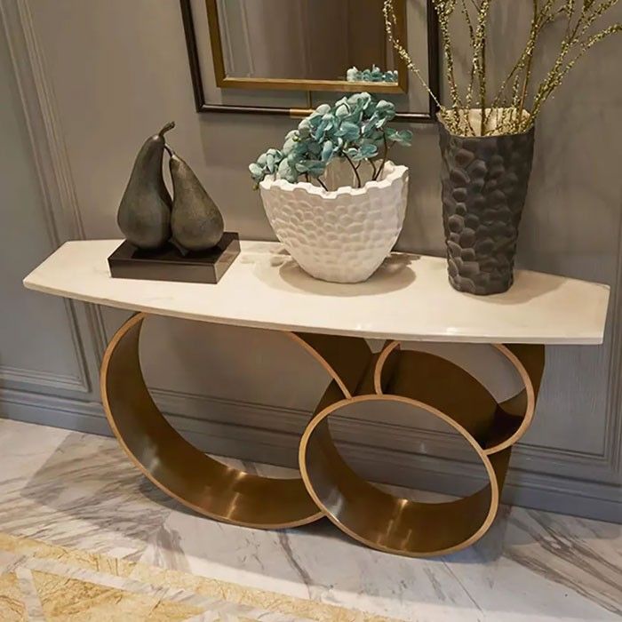 Modern Luxury Rectangular Console Table Marble Table Top Stainless Steel in Rose Gold