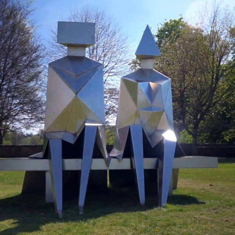 Large Outdoor Statue Stainless Steel Sitting Couple on Bench