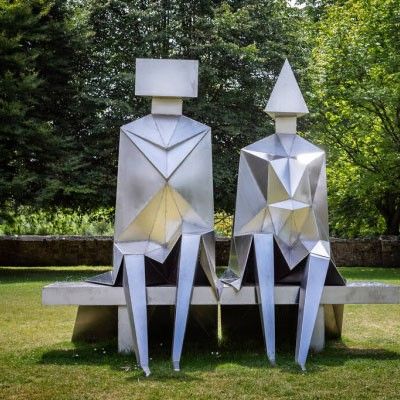 Large Outdoor Statue Stainless Steel Sitting Couple on Bench