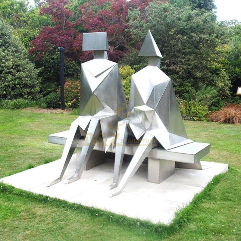 Large Outdoor Statue Stainless Steel Sitting Couple on Bench