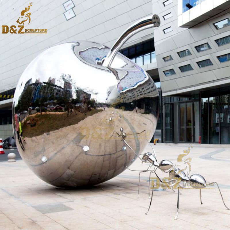 Modern Large Mirror Metal Stainless Steel Ant Push Apple Sculpture