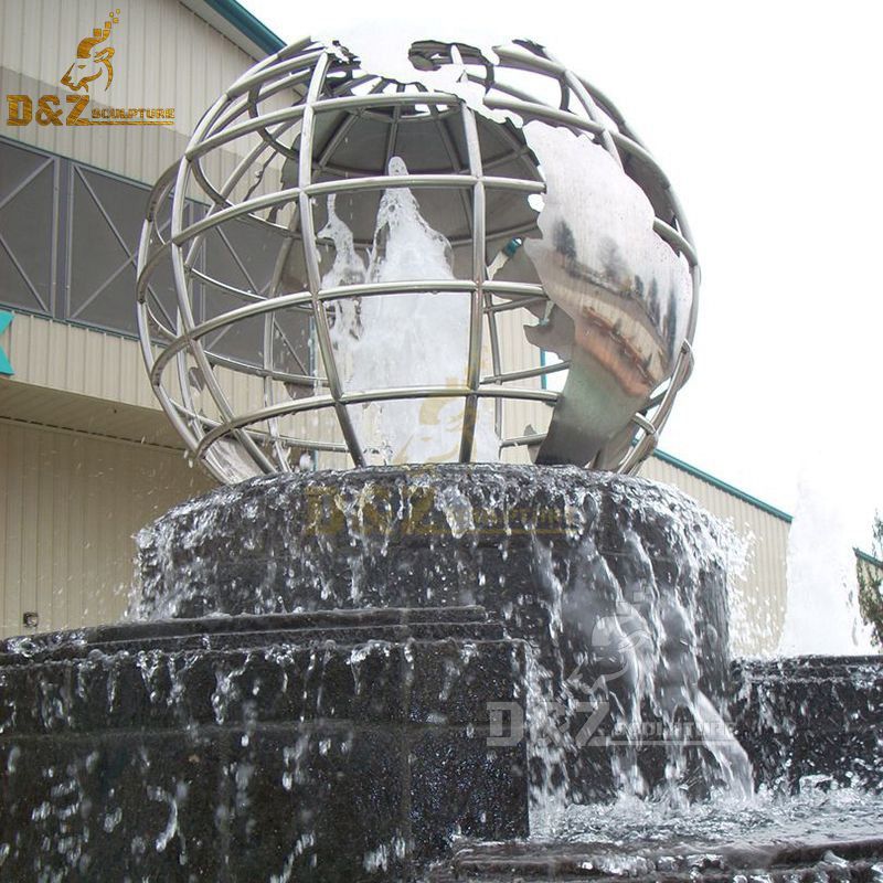 Large metal stainless steel garden water globe fountain sculpture