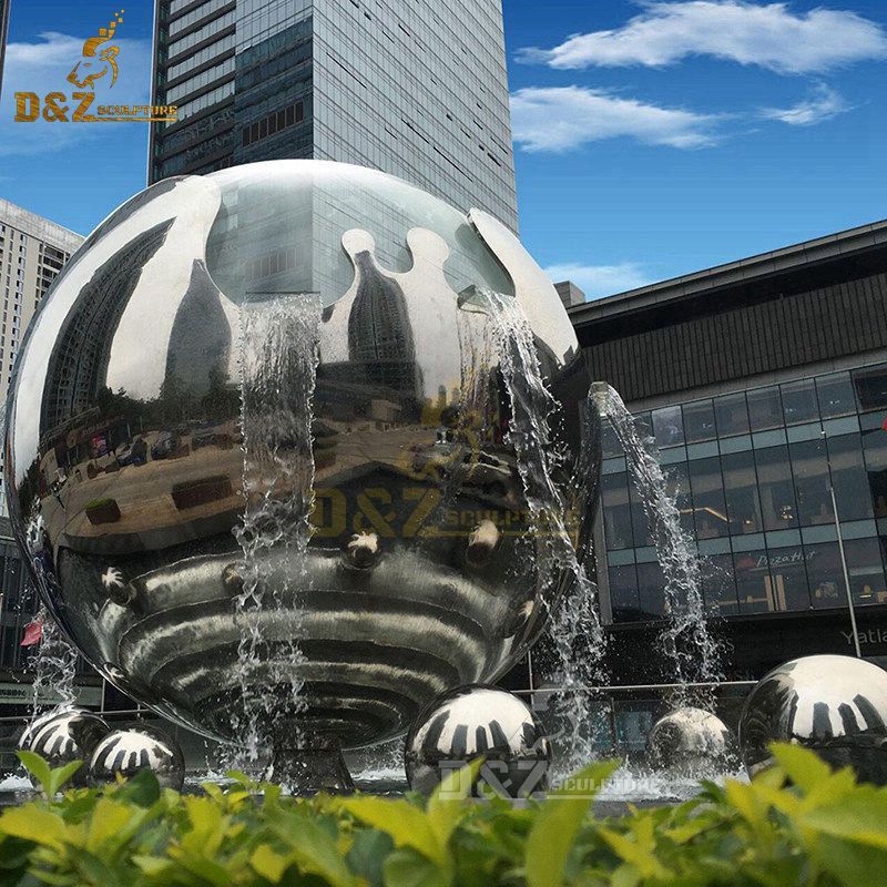 Large metal stainless steel garden water globe fountain sculpture