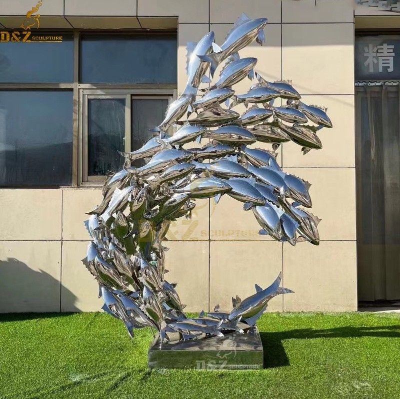 Modern Polished Stainless Steel Mirror Fishes Circle Sculpture